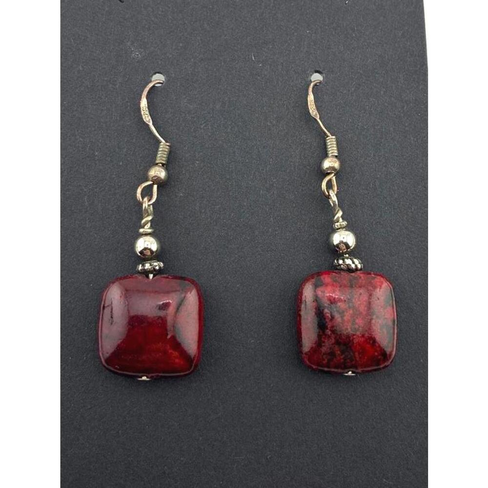 Red Burgundy Jasper Dangle Earrings Square Polished Stone Sterling Silver hooks